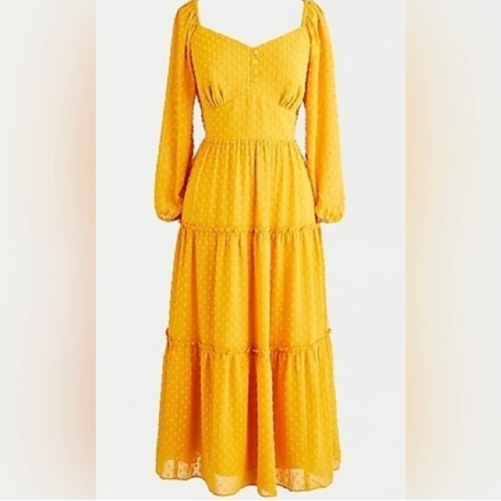 Womens J Crew Tiered Dress Long Sleeve Midi in Swiss Dot Item AG545 Boho Gold
